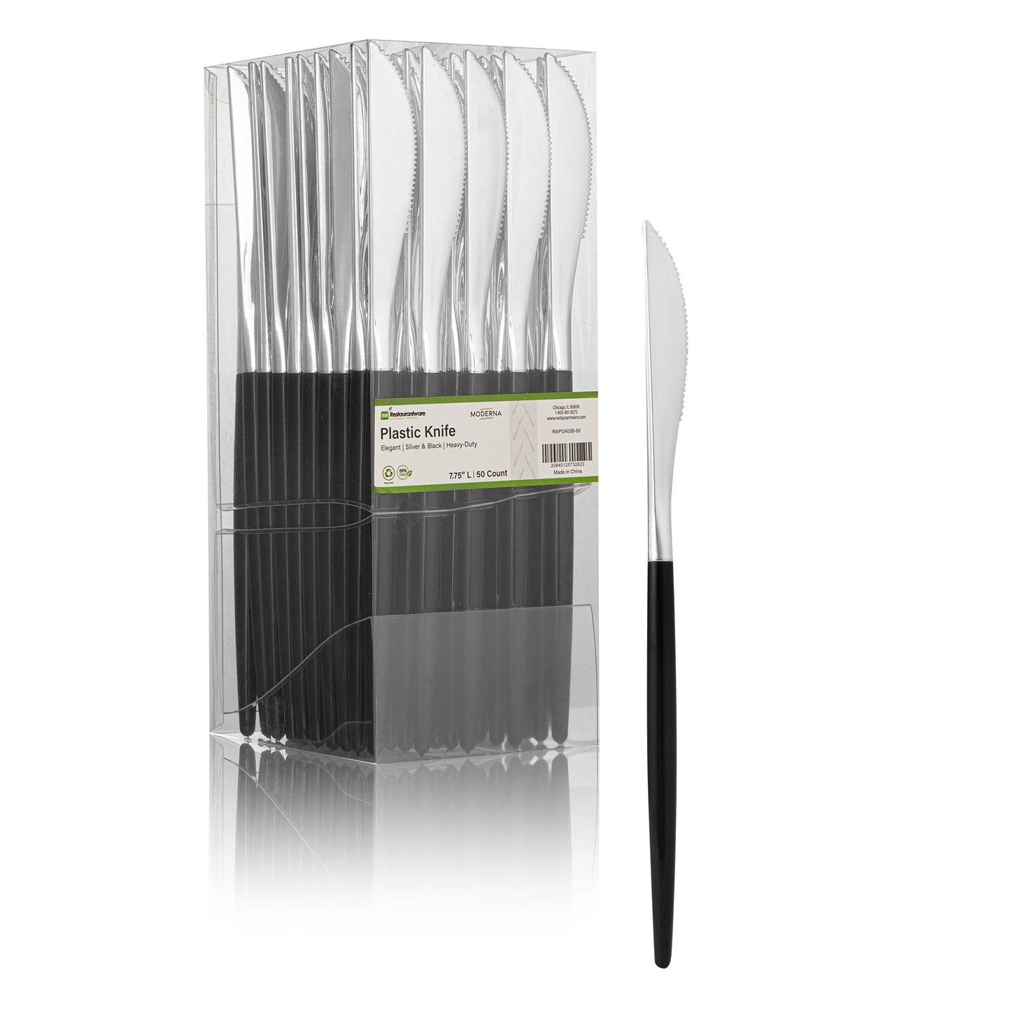 Moderna Silver Plastic Knife - with Black Handle - 7 3/4" - 50 count box