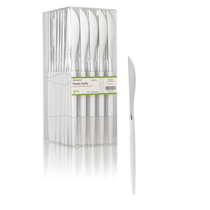 Moderna Silver Plastic Knife - with White Handle - 7 3/4" - 50 count box