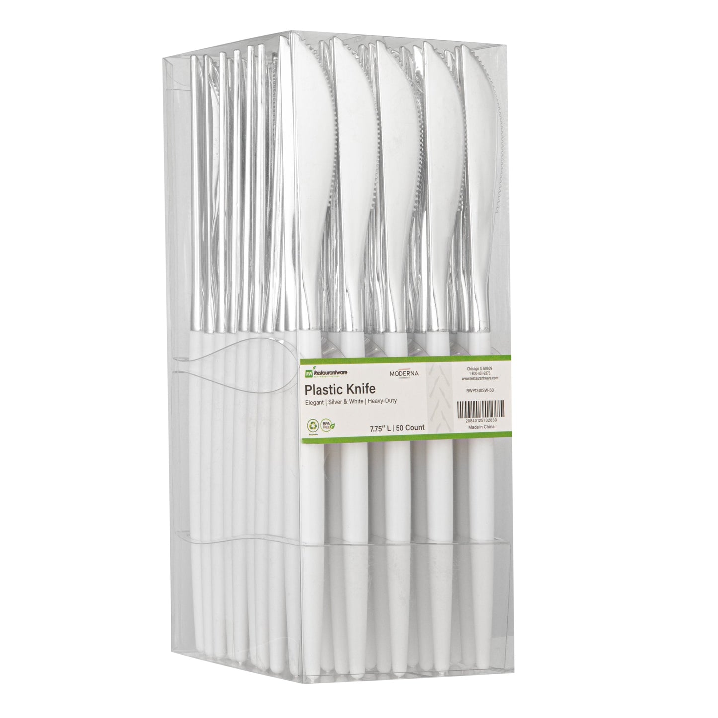Moderna Silver Plastic Knife - with White Handle - 7 3/4" - 500 count box