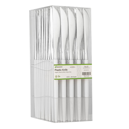 Moderna Silver Plastic Knife - with White Handle - 7 3/4" - 500 count box