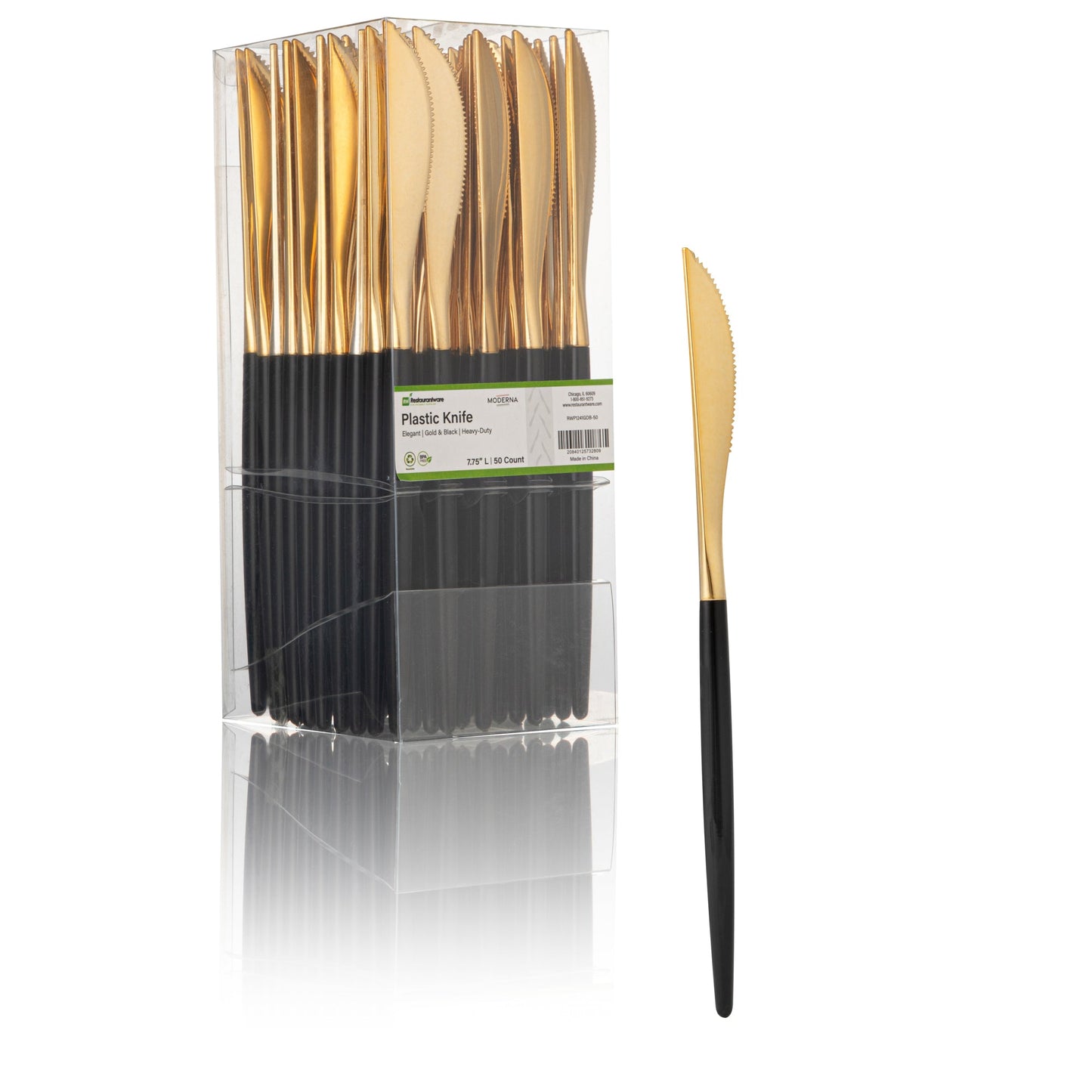 Moderna Gold Plastic Knife - with Black Handle - 7 3/4" - 50 count box