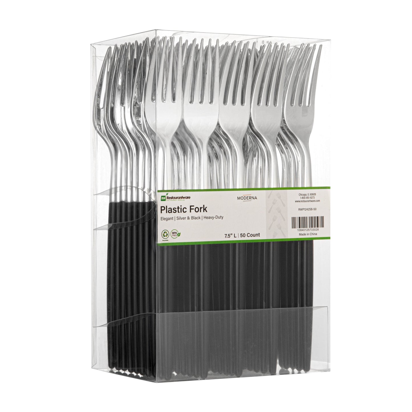 Moderna Silver Plastic Fork - with Black Handle - 7 1/2" - 50 count box