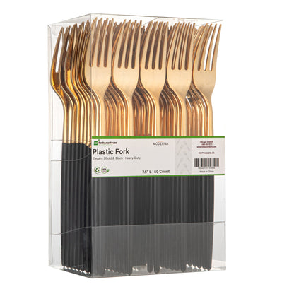 Moderna Gold Plastic Fork - with Black Handle - 7 1/2" - 50 count box