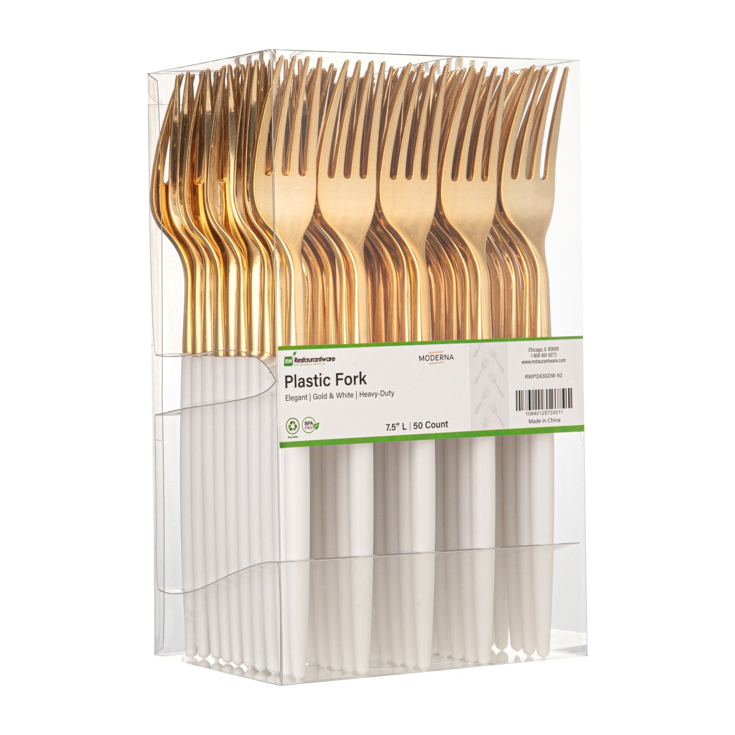 Moderna Gold Plastic Fork - with White Handle - 7 1/2" - 500 count box