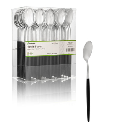 Moderna Silver Plastic Spoon - with Black Handle - 7 3/4" - 50 count box