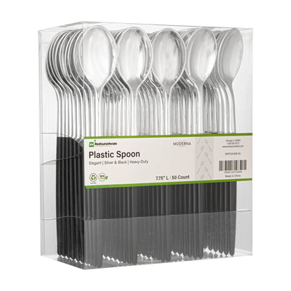 Moderna Silver Plastic Spoon - with Black Handle - 7 3/4" - 50 count box