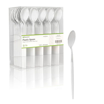 Moderna Silver Plastic Spoon - with White Handle - 7 3/4" - 50 count box
