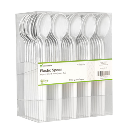 Moderna Silver Plastic Spoon - with White Handle - 7 3/4" - 50 count box