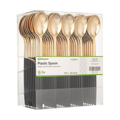 Moderna Gold Plastic Spoon - with Black Handle - 7 3/4" - 50 count box
