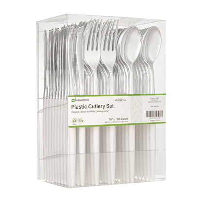 Moderna Silver Plastic Cutlery Set - with White Handle - 7 1/2" - 60 count box