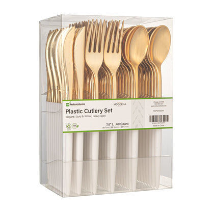 Moderna Gold Plastic Cutlery Set - with White Handle - 7 1/2" - 60 count box