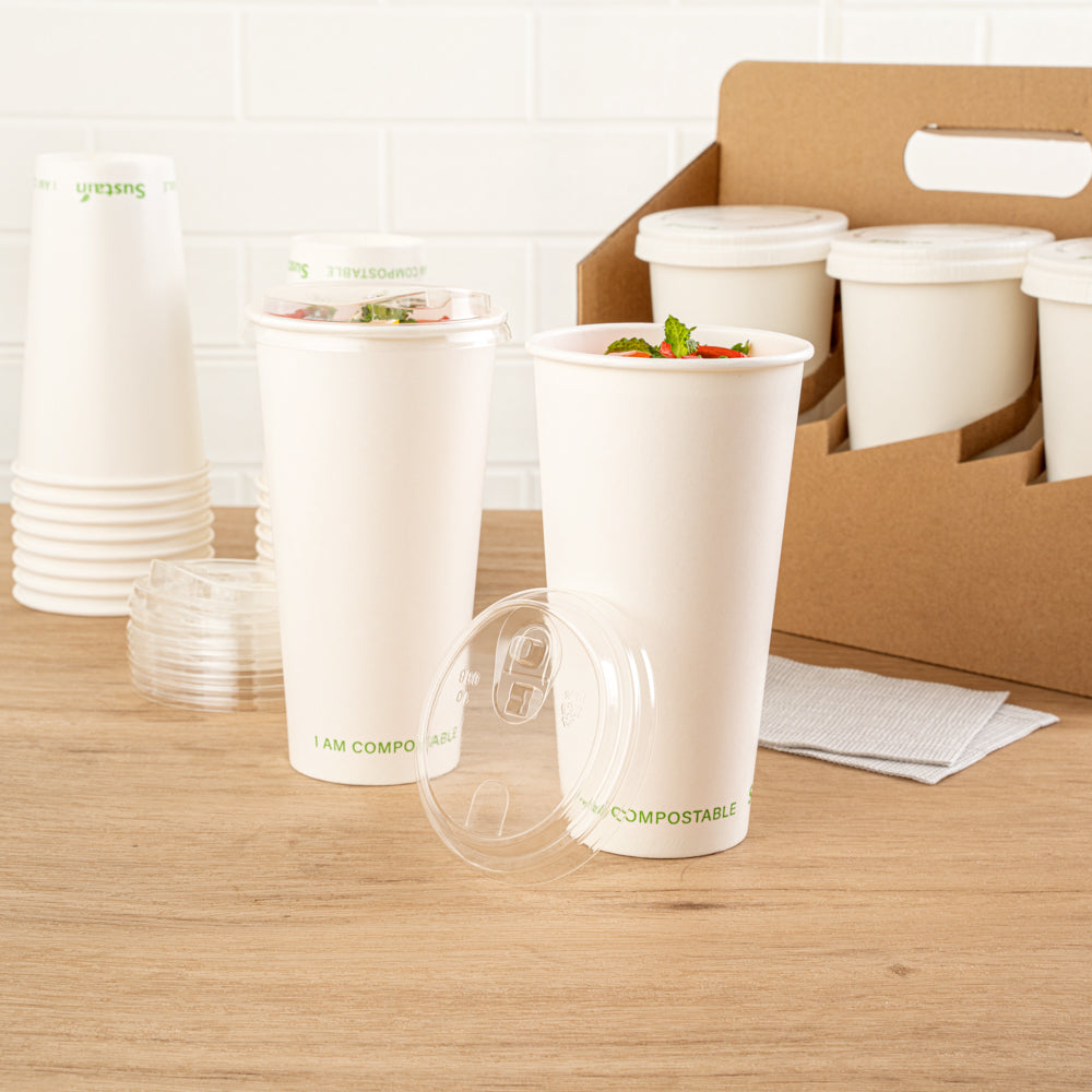 Sustain Clear PLA Plastic Straw or Sip Cold Cup Lid - Fits 9, 12, 16, 20 and 22 oz, Compostable - 50 count box