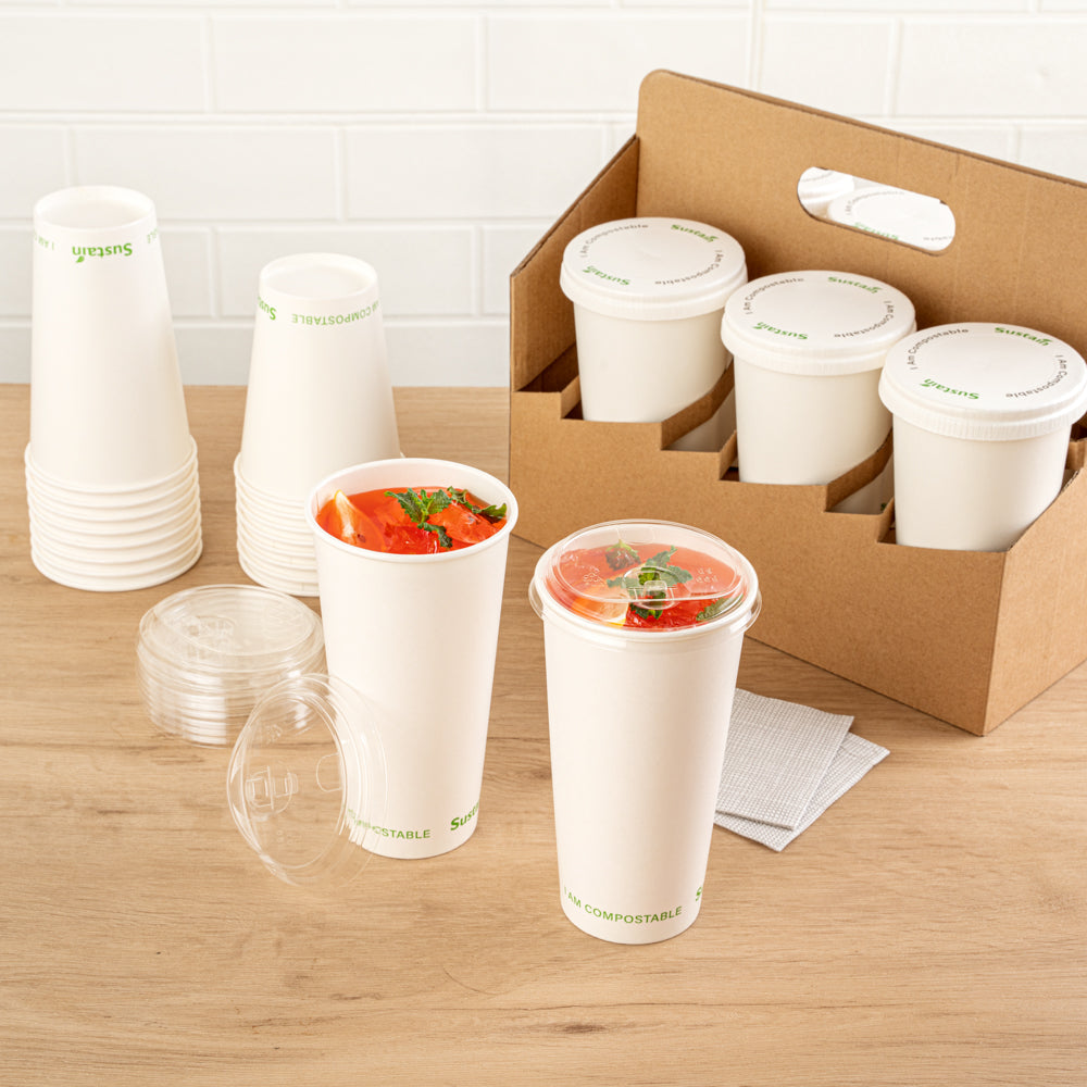 Sustain Clear PLA Plastic Straw or Sip Cold Cup Lid - Fits 9, 12, 16, 20 and 22 oz, Compostable - 1000 count box