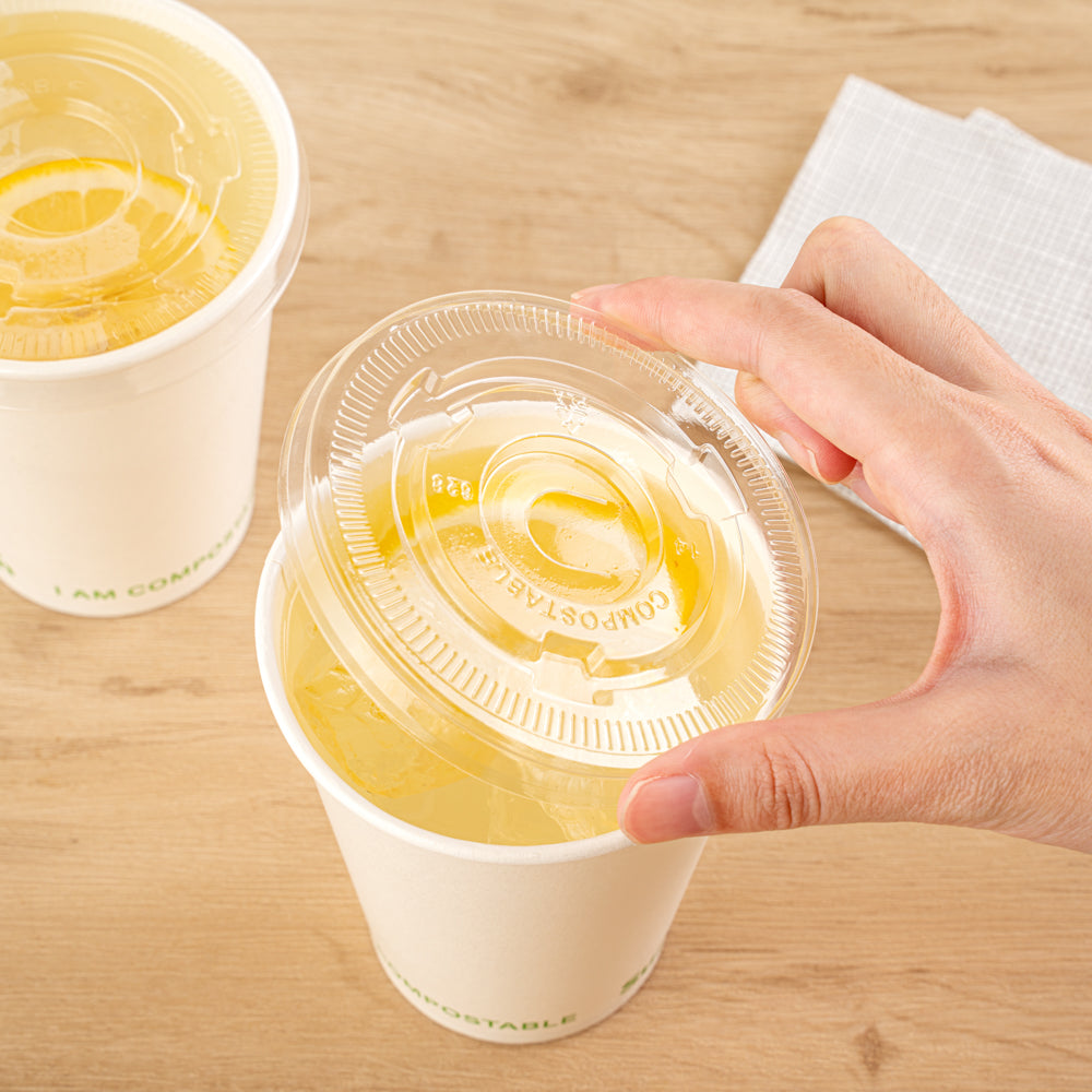 Sustain Clear PLA Plastic Cold Cup Flat Lid - Fits 9, 12, 16, 20 and 22 oz, Compostable - 50 count box