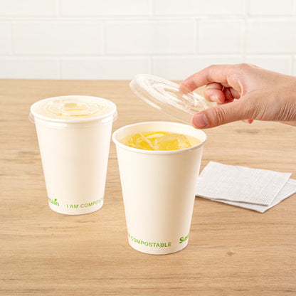 Sustain Clear PLA Plastic Cold Cup Flat Lid - Fits 9, 12, 16, 20 and 22 oz, Compostable - 50 count box