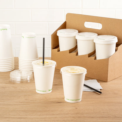 Sustain Clear PLA Plastic Cold Cup Flat Lid - Fits 9, 12, 16, 20 and 22 oz, Compostable - 50 count box