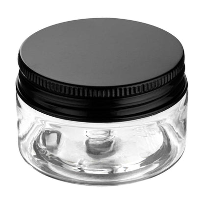Chef 101 1 oz Round Clear Plastic Candy and Snack Jar - with Black Aluminum Lid - 2" x 2" x 1 1/4" - 100 count box