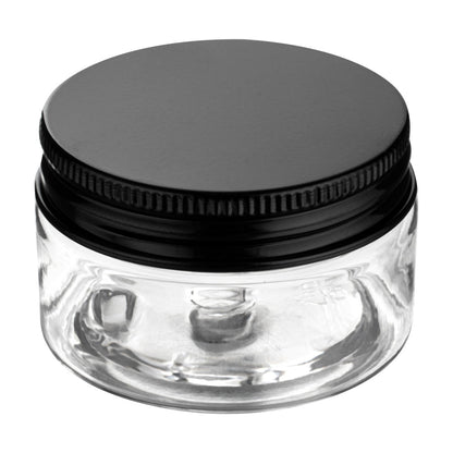 Chef 101 1 oz Round Clear Plastic Candy and Snack Jar - with Black Aluminum Lid - 2" x 2" x 1 1/4" - 10 count box