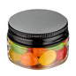 Chef 101 1 oz Round Clear Plastic Candy and Snack Jar - with Black Aluminum Lid - 2" x 2" x 1 1/4" - 10 count box