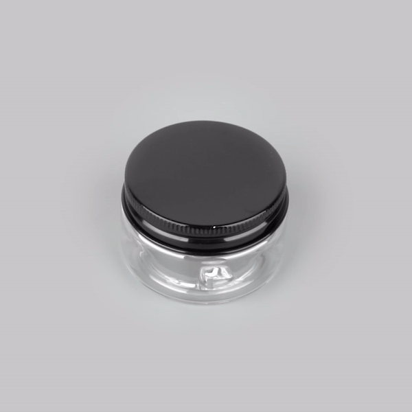 Chef 101 1 oz Round Clear Plastic Candy and Snack Jar - with Black Aluminum Lid - 2" x 2" x 1 1/4" - 10 count box