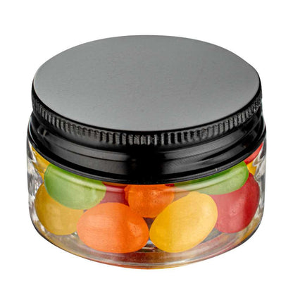 Chef 101 1 oz Round Clear Plastic Candy and Snack Jar - with Black Aluminum Lid - 2" x 2" x 1 1/4" - 100 count box