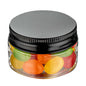 Chef 101 1 oz Round Clear Plastic Candy and Snack Jar - with Black Aluminum Lid - 2" x 2" x 1 1/4" - 100 count box