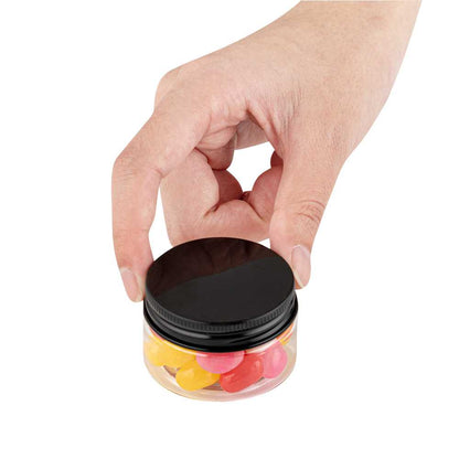 Chef 101 1 oz Round Clear Plastic Candy and Snack Jar - with Black Aluminum Lid - 2" x 2" x 1 1/4" - 100 count box