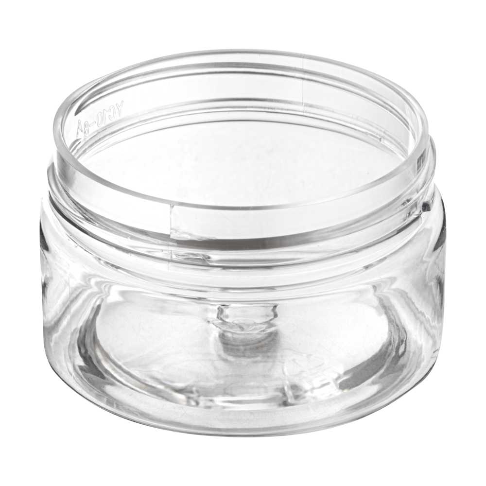 Chef 101 1 oz Round Clear Plastic Candy and Snack Jar - with Black Aluminum Lid - 2" x 2" x 1 1/4" - 100 count box