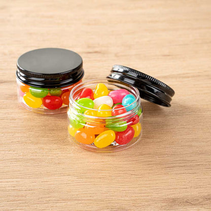 Chef 101 1 oz Round Clear Plastic Candy and Snack Jar - with Black Aluminum Lid - 2" x 2" x 1 1/4" - 100 count box