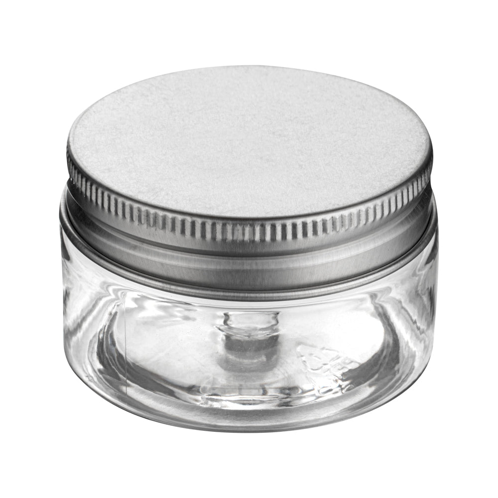 Chef 101 1 oz Round Clear Plastic Candy and Snack Jar - with Silver Aluminum Lid - 2" x 2" x 1 1/4" - 10 count box