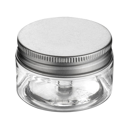 Chef 101 1 oz Round Clear Plastic Candy and Snack Jar - with Silver Aluminum Lid - 2" x 2" x 1 1/4" - 10 count box
