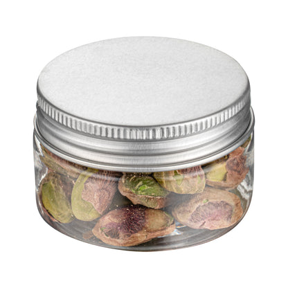 Chef 101 1 oz Round Clear Plastic Candy and Snack Jar - with Silver Aluminum Lid - 2" x 2" x 1 1/4" - 10 count box