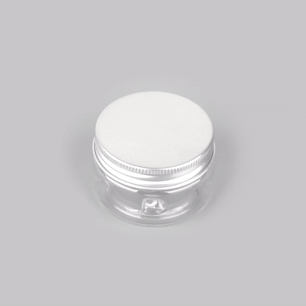 Chef 101 1 oz Round Clear Plastic Candy and Snack Jar - with Silver Aluminum Lid - 2" x 2" x 1 1/4" - 10 count box