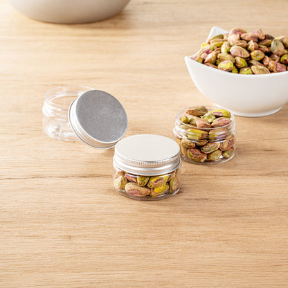 Chef 101 1 oz Round Clear Plastic Candy and Snack Jar - with Silver Aluminum Lid - 2" x 2" x 1 1/4" - 10 count box