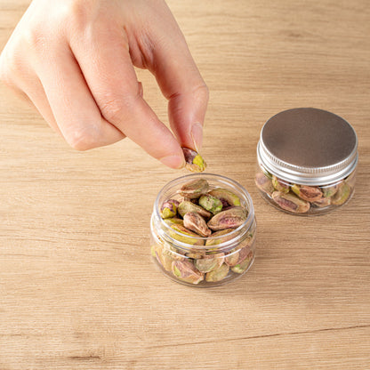 Chef 101 1 oz Round Clear Plastic Candy and Snack Jar - with Silver Aluminum Lid - 2" x 2" x 1 1/4" - 10 count box