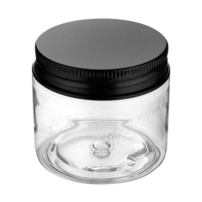Chef 101 2 oz Round Clear Plastic Candy and Snack Jar - with Black Aluminum Lid - 2" x 2" x 1 3/4" - 100 count box