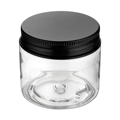 Chef 101 2 oz Round Clear Plastic Candy and Snack Jar - with Black Aluminum Lid - 2" x 2" x 1 3/4" - 10 count box