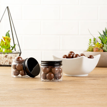Chef 101 2 oz Round Clear Plastic Candy and Snack Jar - with Black Aluminum Lid - 2" x 2" x 1 3/4" - 10 count box