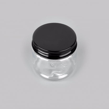 Chef 101 2 oz Round Clear Plastic Candy and Snack Jar - with Black Aluminum Lid - 2" x 2" x 1 3/4" - 10 count box