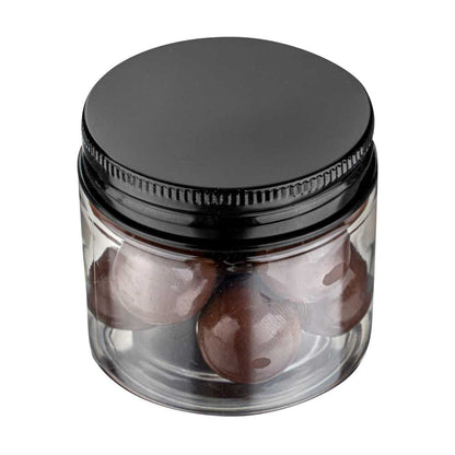 Chef 101 2 oz Round Clear Plastic Candy and Snack Jar - with Black Aluminum Lid - 2" x 2" x 1 3/4" - 100 count box