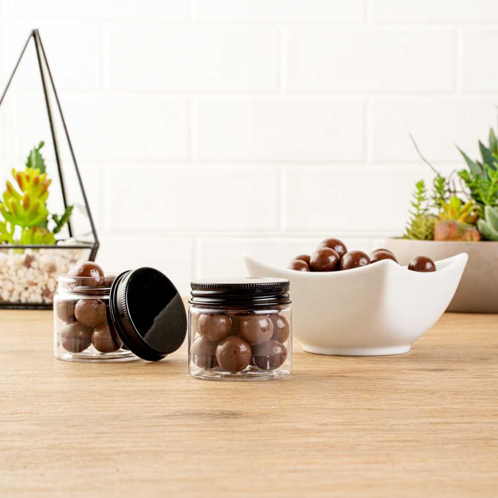 Chef 101 2 oz Round Clear Plastic Candy and Snack Jar - with Black Aluminum Lid - 2" x 2" x 1 3/4" - 100 count box