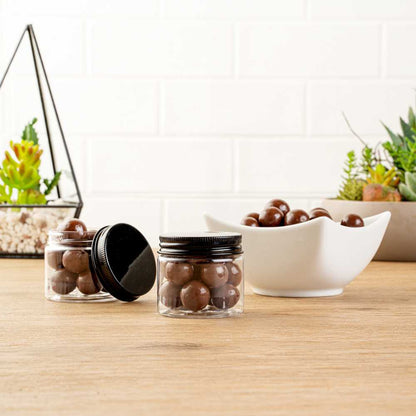 Chef 101 2 oz Round Clear Plastic Candy and Snack Jar - with Black Aluminum Lid - 2" x 2" x 1 3/4" - 100 count box