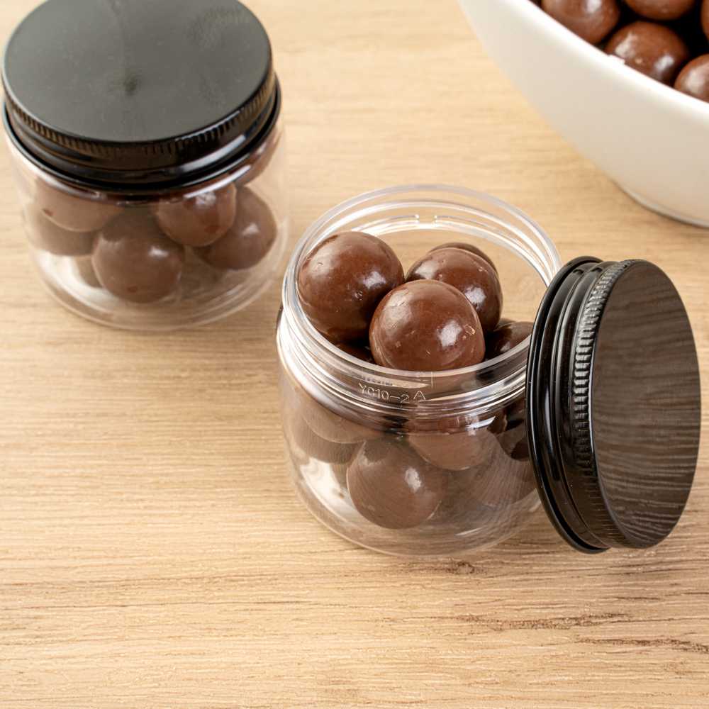Chef 101 2 oz Round Clear Plastic Candy and Snack Jar - with Black Aluminum Lid - 2" x 2" x 1 3/4" - 100 count box