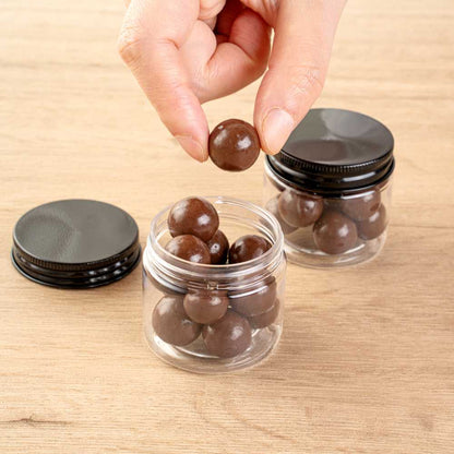 Chef 101 2 oz Round Clear Plastic Candy and Snack Jar - with Black Aluminum Lid - 2" x 2" x 1 3/4" - 100 count box