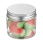 Chef 101 2 oz Round Clear Plastic Candy and Snack Jar - with Silver Aluminum Lid - 2" x 2" x 1 3/4" - 10 count box
