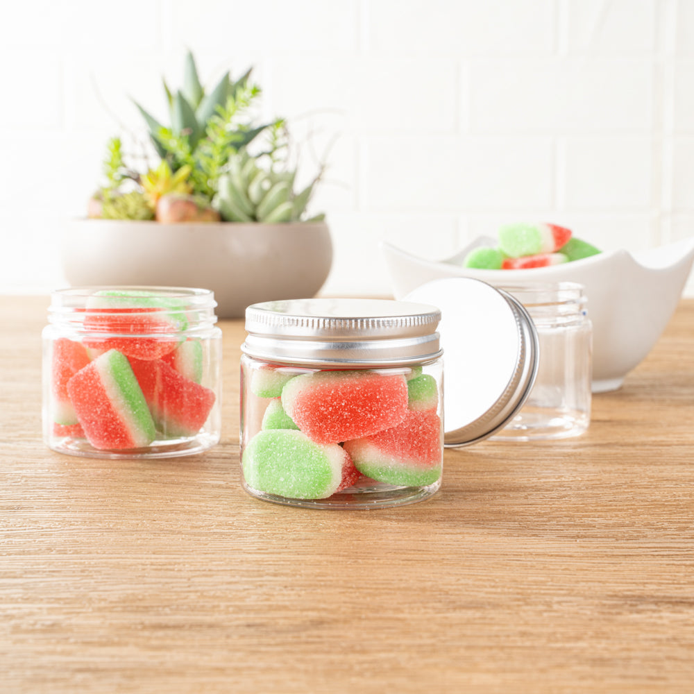 Chef 101 2 oz Round Clear Plastic Candy and Snack Jar - with Silver Aluminum Lid - 2" x 2" x 1 3/4" - 10 count box