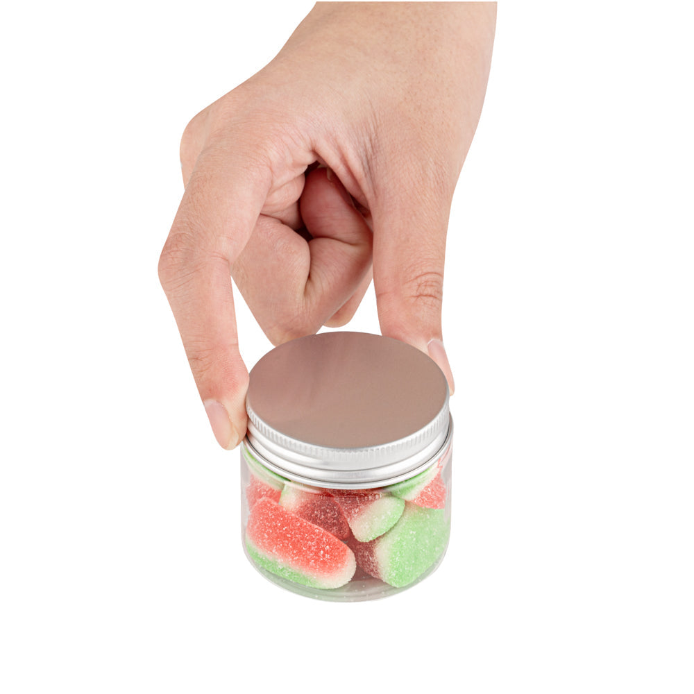 Chef 101 2 oz Round Clear Plastic Candy and Snack Jar - with Silver Aluminum Lid - 2" x 2" x 1 3/4" - 10 count box