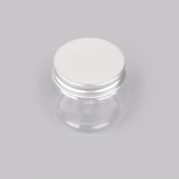 Chef 101 2 oz Round Clear Plastic Candy and Snack Jar - with Silver Aluminum Lid - 2" x 2" x 1 3/4" - 10 count box