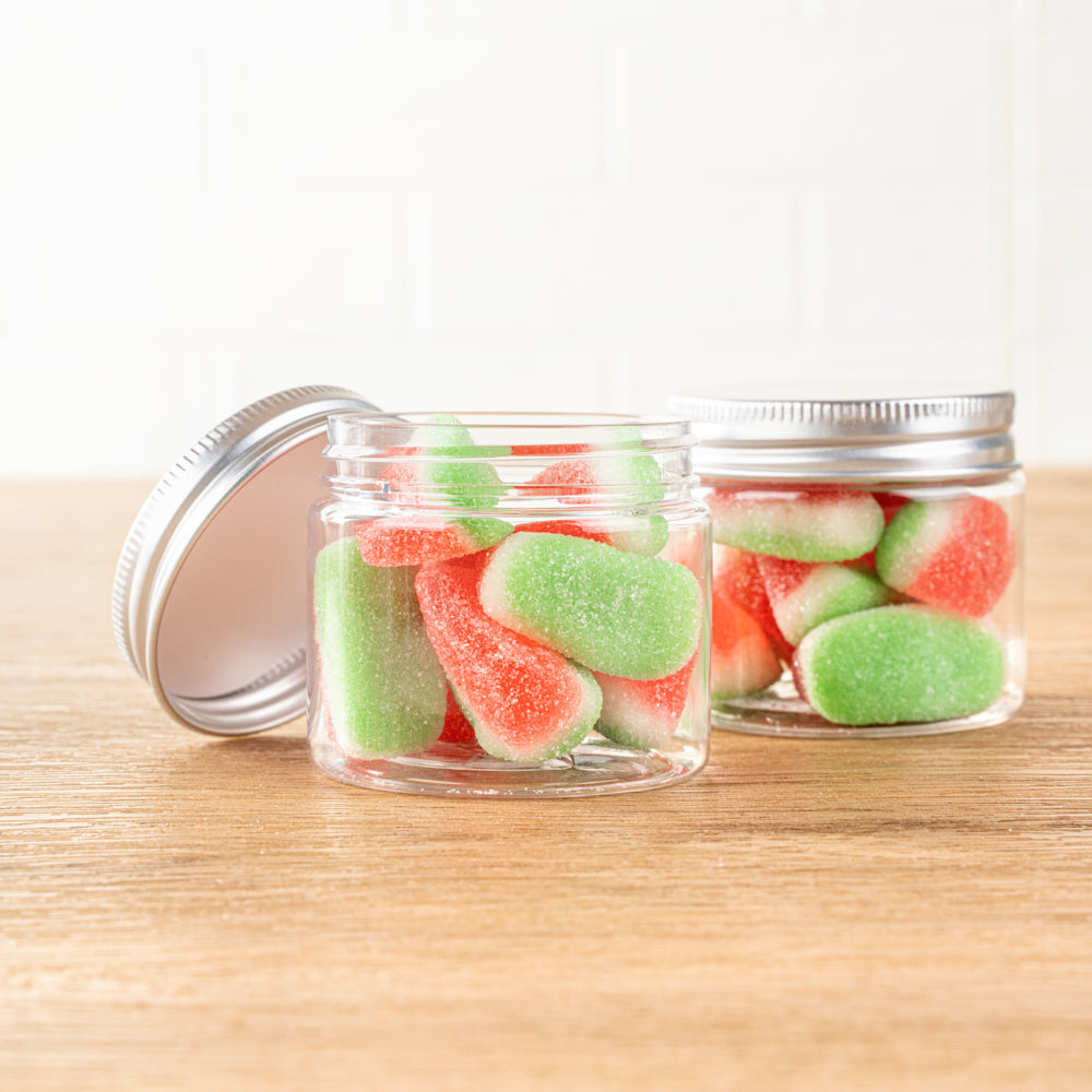 Chef 101 2 oz Round Clear Plastic Candy and Snack Jar - with Silver Aluminum Lid - 2" x 2" x 1 3/4" - 10 count box
