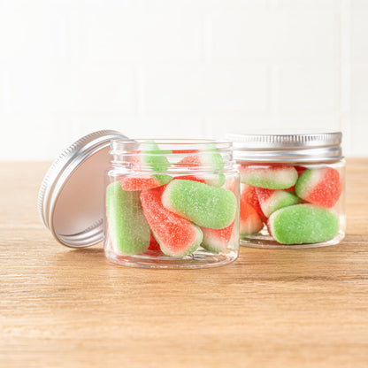 Chef 101 2 oz Round Clear Plastic Candy and Snack Jar - with Silver Aluminum Lid - 2" x 2" x 1 3/4" - 10 count box